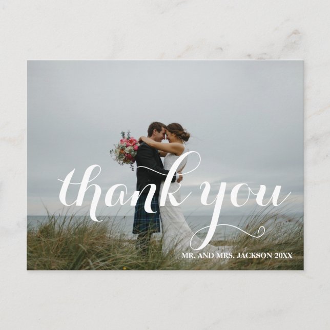 Chic Hand Lettered Foto Wedding Danke Postkarte (Vorderseite)
