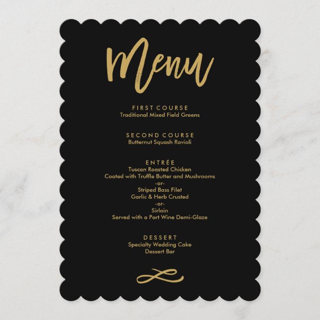 Chic Hand Lettered Gold and Black Wedding Menu Menükarte (Vorderseite)
