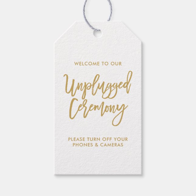 Chic Hand Lettered Gold Unplugony Zeremony Tag Geschenkanhänger (Vorderseite)