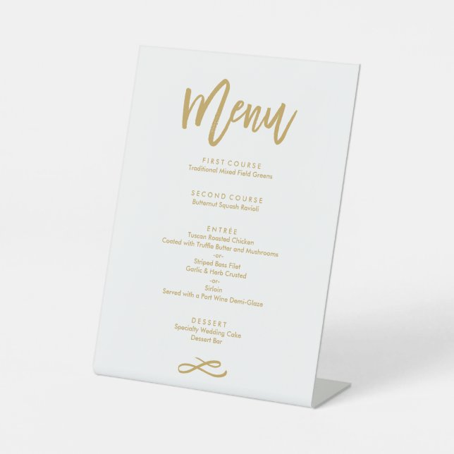 Chic Hand Lettered Gold Wedding Menu Sockelschild (Vorderseite)