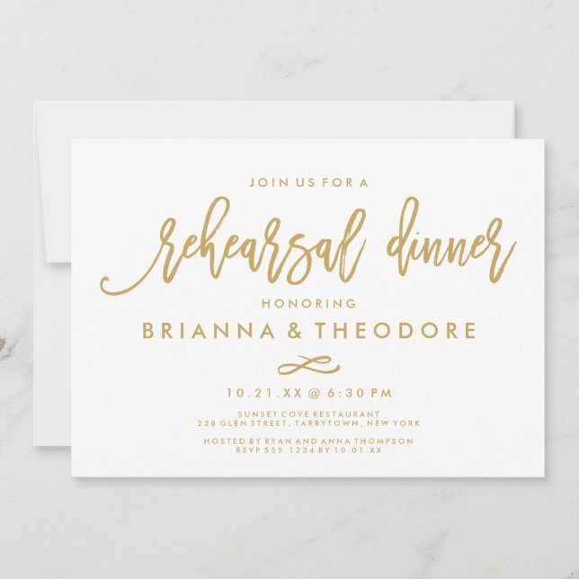 Chic Hand Lettered Gold Wedding Probe Dinner Einladung (Vorderseite)