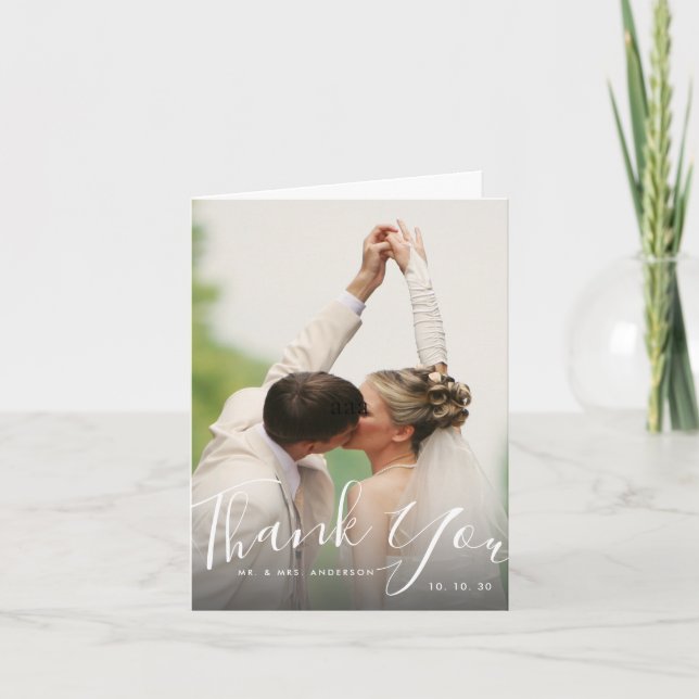 Chic Hand Lettered Script Foto Wedding Vielen Dank Karte (Vorderseite)