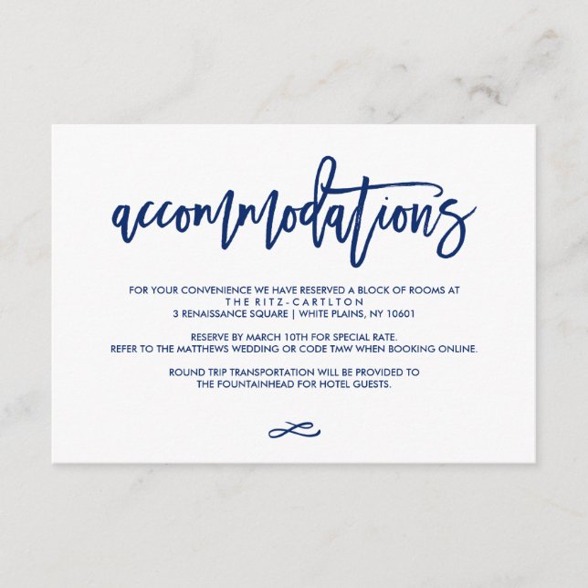 Chic Hand Lettered Wedding Accommodation Card Navy Begleitkarte (Vorderseite)