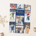 Chic Happy Hanukkah Family Photo Collage Blue Gold Feiertagskarte<br><div class="desc">Chic customizable Jewish family photo collage Hanukkah card with a collection of winter photos. Add 9 of your favorite Chanukah memories on this modern 9 photograph layout around a menorah and gold script. Happy Hanukkah.</div>