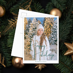 Chic Happy Holidays Green Script Overlay Foto Feiertagspostkarte