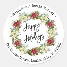 Chic Happy Holidays Script Poinsettia Monogram Runder Aufkleber