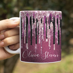 Chic heißrosa schwarze tropfende Glitter-Monogramm Tasse