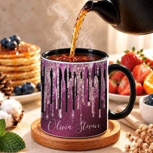 Chic heißrosa schwarze tropfende Glitter-Monogramm Tasse
