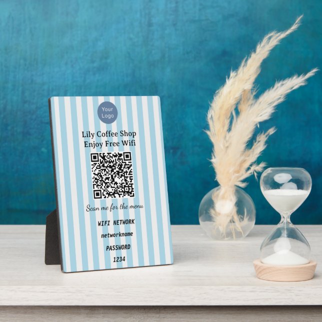 Chic Hellblau & Weiße Streifen QR-Code Wifi Fotoplatte (Seite)