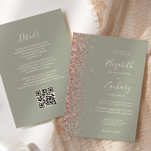 Chic Hellgrün Rosen Gold Glitter QR Code Hochzeit Einladung