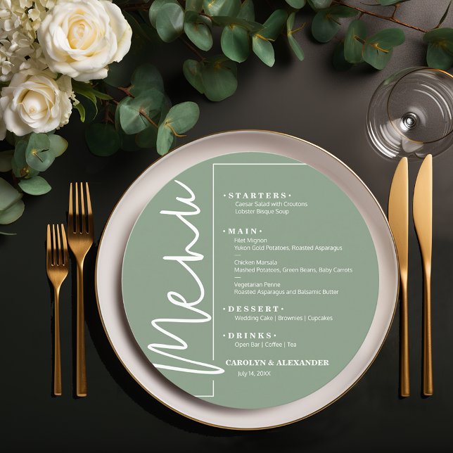Chic Hellgrün Rund Menükarte (Sage Green Round Menus)