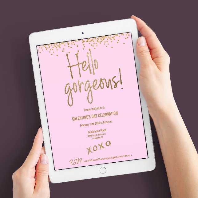 Chic Hello Gorgeous Galentine Gold Confetti Pink Einladung (Digital download available for this "Hello Gorgeous!" xoxo Galentine's day pink and gold invite)