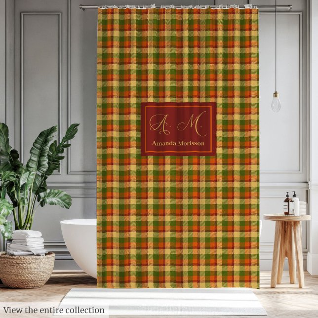 Chic Herbst Kariert Duschvorhang Gemütlich Individ (Autumn Plaid Shower Curtain Cozy Custom Name Accent)