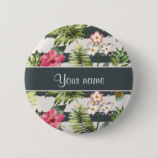 Chic-Hibiskus-Blumen und Streifen Button (Vorderseite)