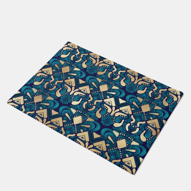 Chic Hipster Gold Emerald Blue Tribal Künstlerisch Fußmatte (Schrägansicht)