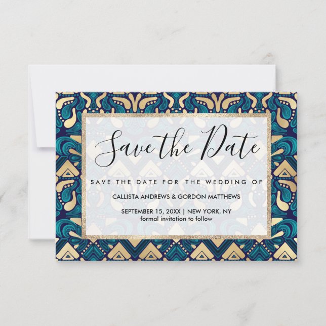 Chic Hipster Gold Emerald Blue Tribal Künstlerisch Save The Date (Vorderseite)