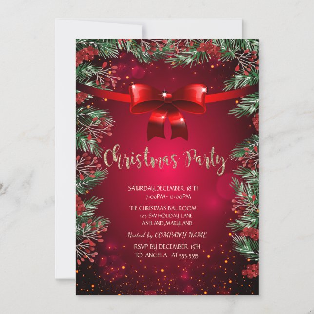 Chic Holly Berries Red Bow Company Christmas Party Einladung (Vorderseite)
