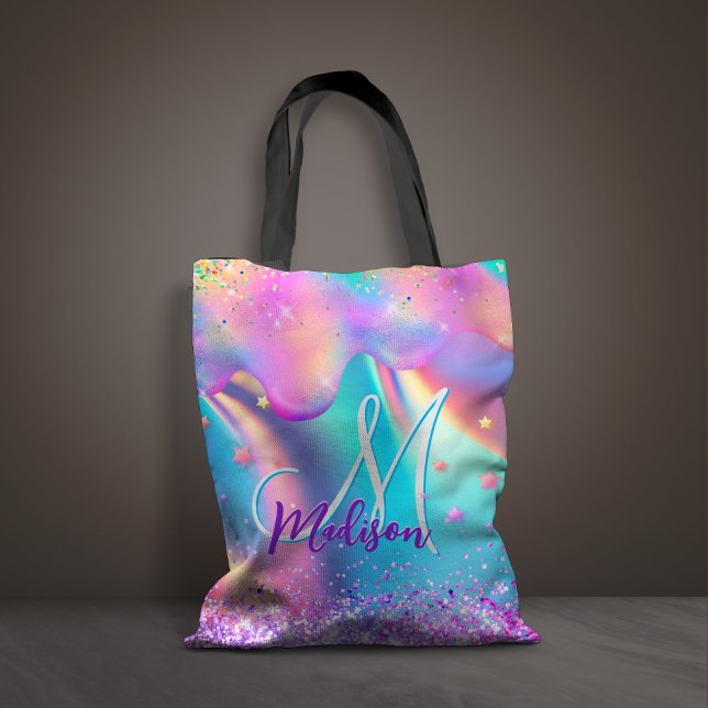 Chic holografisches Einhorn-Tropf-Glitzer-Monogram Tasche (Von Creator hochgeladen)