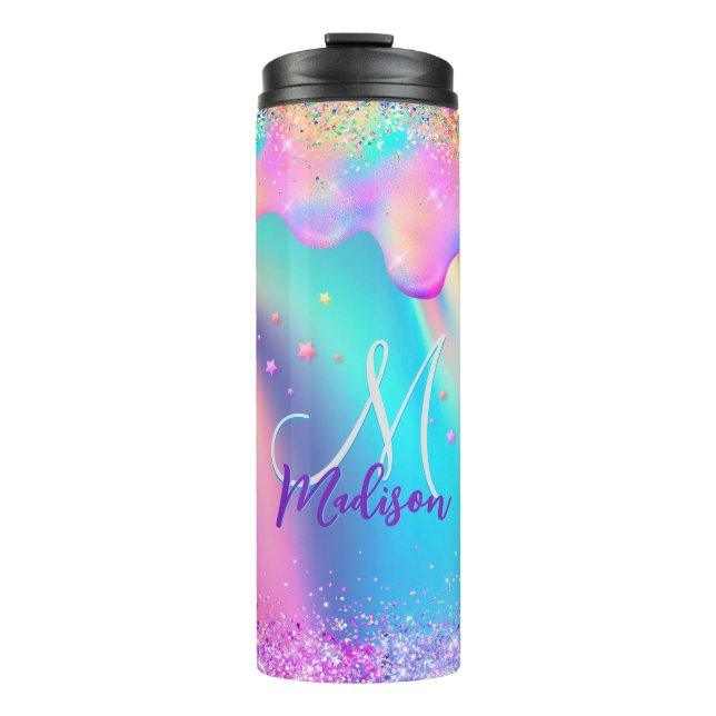 Chic holografisches Einhorn-Tropf-Glitzer-Monogram Thermosbecher (Vorderseite)