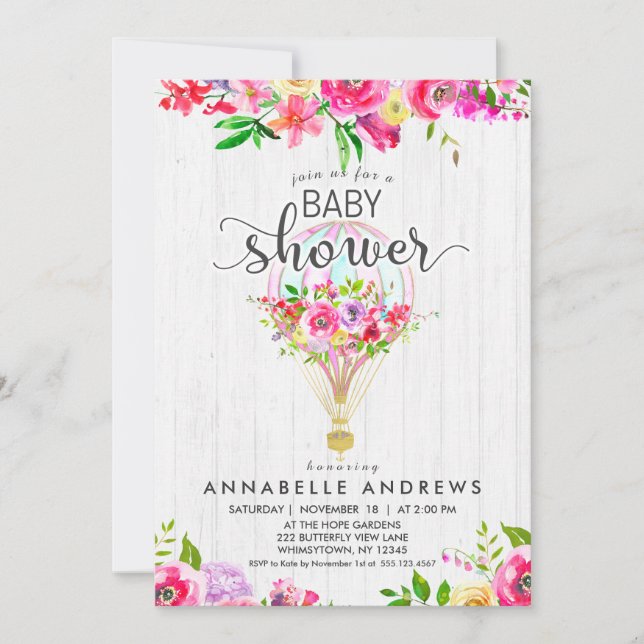 Chic Hot Air Ballon Baby Dusche Mädchen Einladung (Vorderseite)