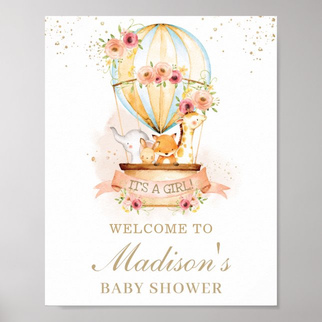 Chic Hot Air Ballon Baby Dusche Tiere Willkommen Poster (Vorne)