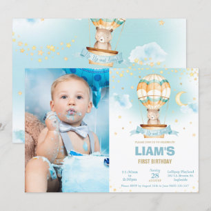 Chic Hot Air Ballon Teddy Bären Boy Birthday Foto Einladung