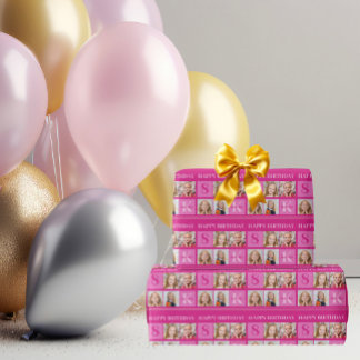 Chic Hot Pink Birthday Girl Custom Foto Collage Geschenkpapier