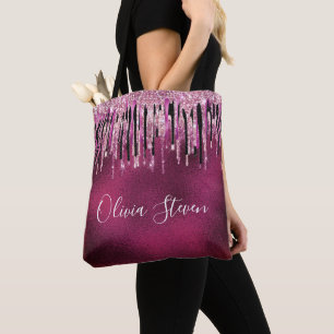 Chic hot pink black black drippings Glitzer monogr Tasche
