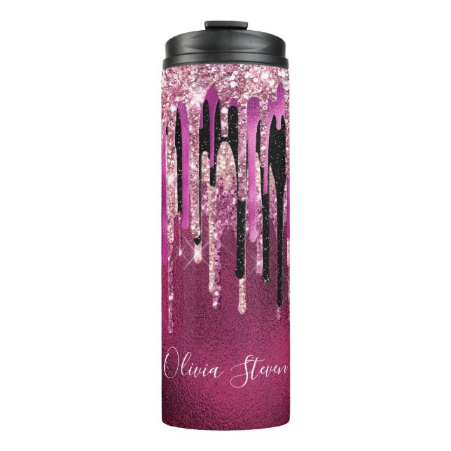 Chic hot pink black black drippings Glitzer monogr Thermosbecher (Vorderseite)