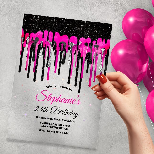 Chic Hot Pink Black Glitzer Tropfen Geburtstag Acryleinladungen (Von Creator hochgeladen)