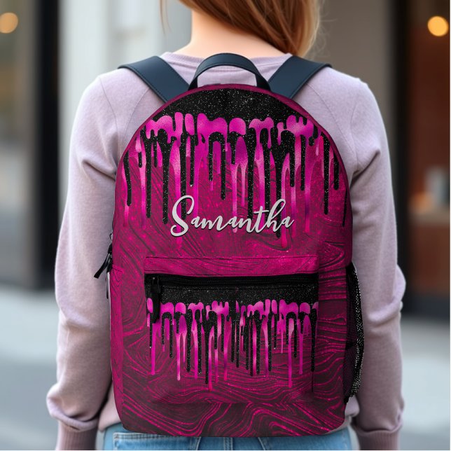 Chic hot pink Black Glitzer Tropfen Monogramm Bedruckter Rucksack (Von Creator hochgeladen)