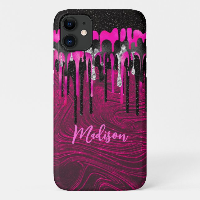 Chic hot pink Black Glitzer Tropfen Monogramm Case-Mate iPhone Hülle (Rückseite)
