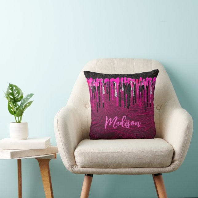 Chic hot pink Black Glitzer Tropfen Monogramm Kissen (Stuhl )