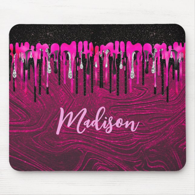 Chic hot pink Black Glitzer Tropfen Monogramm Mousepad (Vorne)