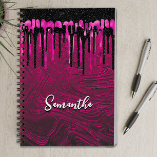 Chic hot pink Black Glitzer Tropfen Monogramm Notizbuch