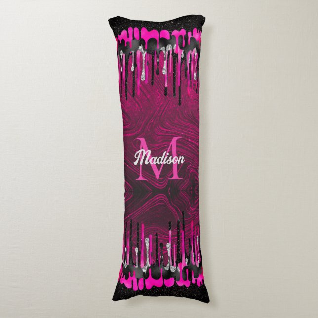 Chic hot pink Black Glitzer Tropfen Monogramm Seitenschläferkissen (Vorderseite Vertikal)