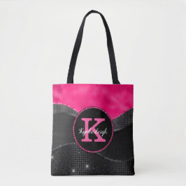 Chic Hot Pink Black Gray Waves Glam Monogram Name Tasche
