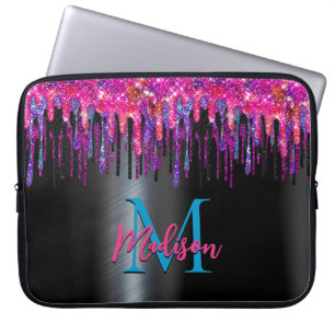 Chic hot pink blau schwarzer Glitzer tropfen Monog Laptopschutzhülle