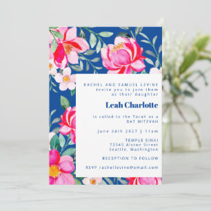 Chic Hot Pink Blaue Wasserfarben-Floral-Bat-Mitzwa Einladung