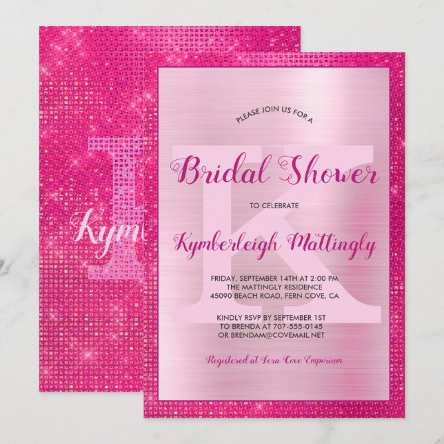 Chic Hot Pink Glam Diamond Sparkle Brautparty Einladung (Vorne/Hinten)
