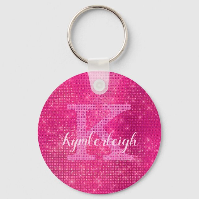 Chic Hot Pink Glam Diamond Sparkon Monogram Name Schlüsselanhänger (Vorderseite)