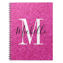 Chic Hot-Pink-Glitzer Monogram-SpiralNotebook