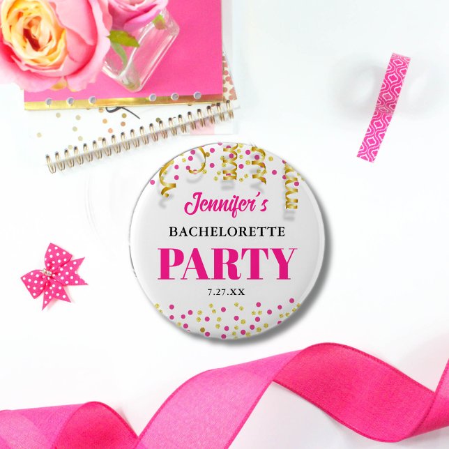 Chic Hot Pink & Gold Dots Bachelorette Party Button (Von Creator hochgeladen)