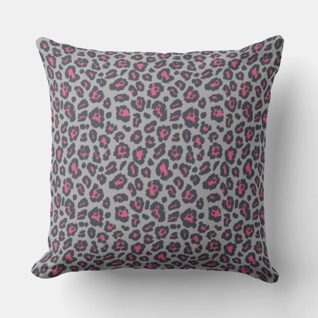 Chic Hot Pink Grau Leopard Druckmuster Kissen (Vorderseite)