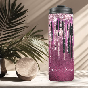 Chic Hot Pink schwarze tropfende Glitter-Monogramm Thermosbecher