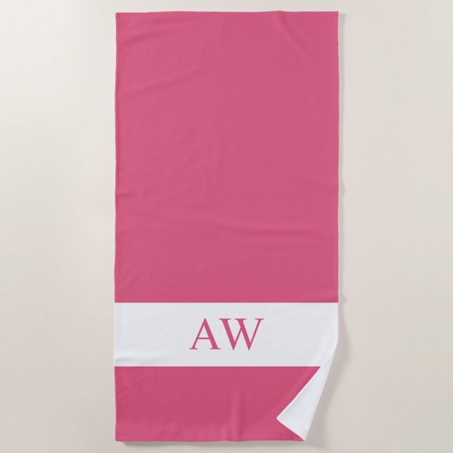 Chic Hot Pink White Mit Monogramm Strandtuch (Vorderseite)