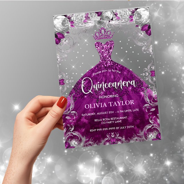 Chic Hot Rosa Fuchsia Kleid Blumenstrauß Quinceane Acryleinladungen (Von Creator hochgeladen)