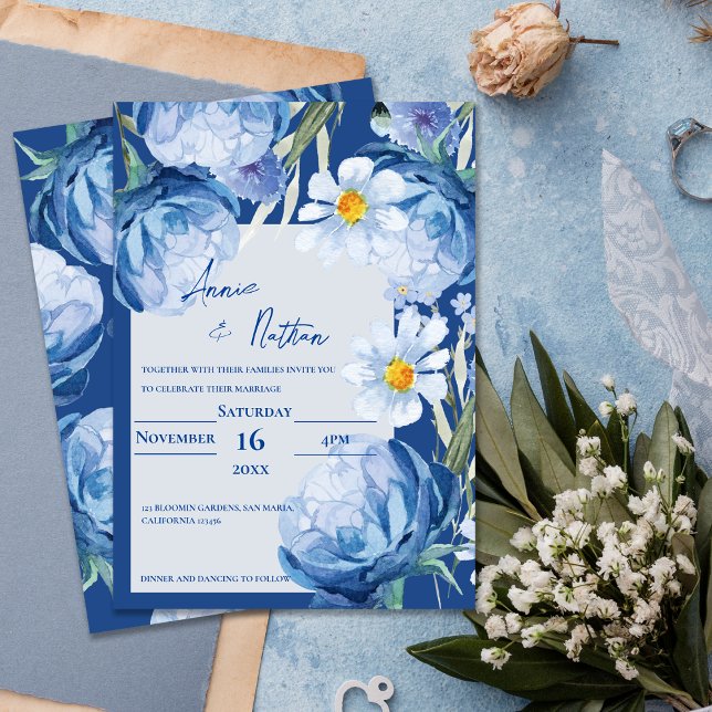 Chic Hübsch Blue Flowers Trendy Floral Wedding Einladung (Chic Pretty Blue Flowers Trendy Floral Wedding Invitation)