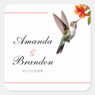 Chic Hummingbird und Orange Blume Wedding Quadratischer Aufkleber