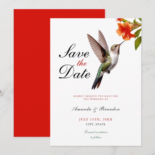 Chic Hummingbird und Orange Blume Wedding Save The Date (Vorne/Hinten)